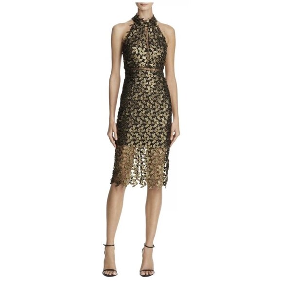 Bardot Gold Gemma Leaf Halter Lace Sheath Night Out Dress Size 4 - Picture 3 of 9